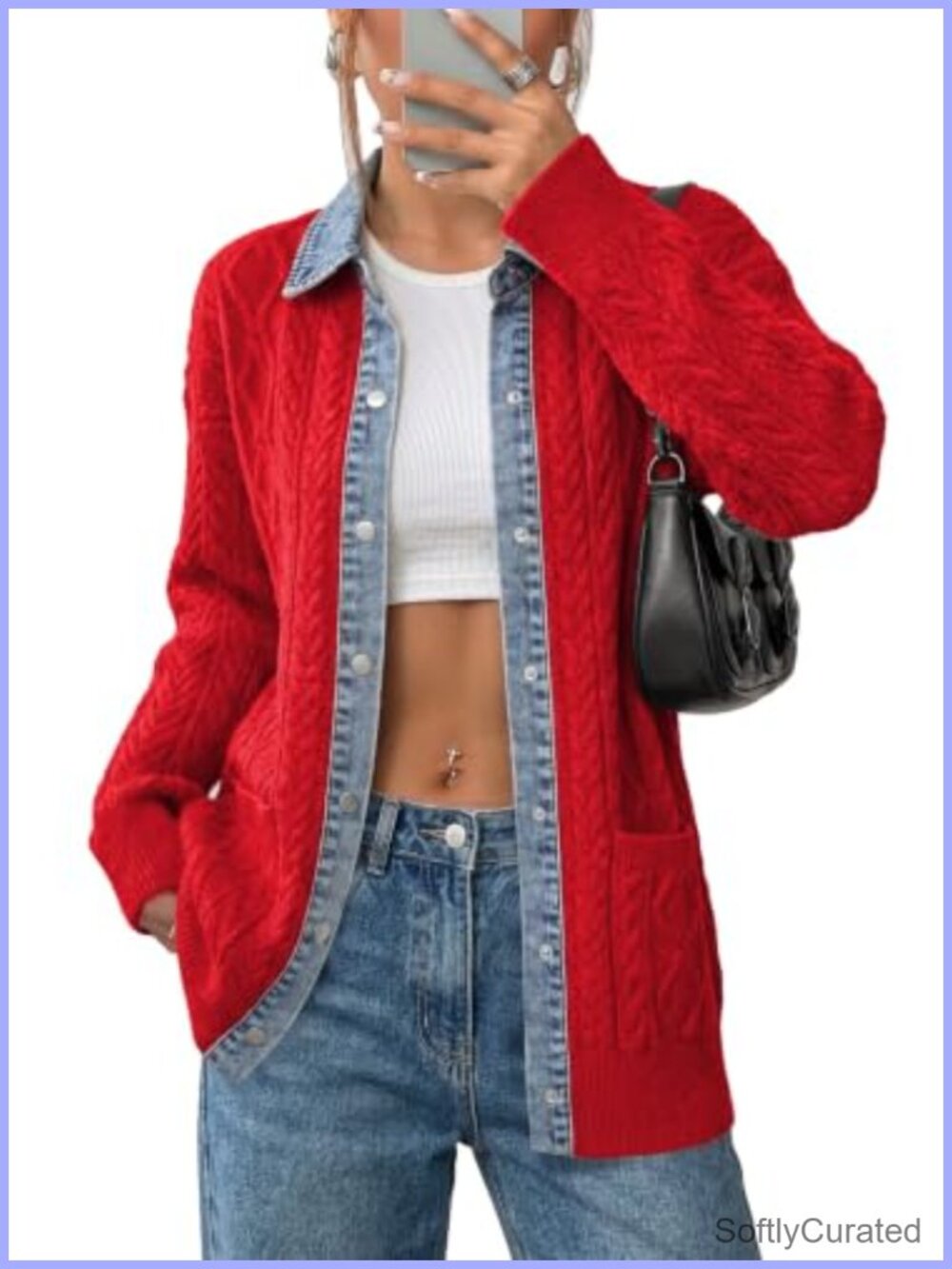Cable Knit Denim Collar Cardigan Sweater Button Front Pockets